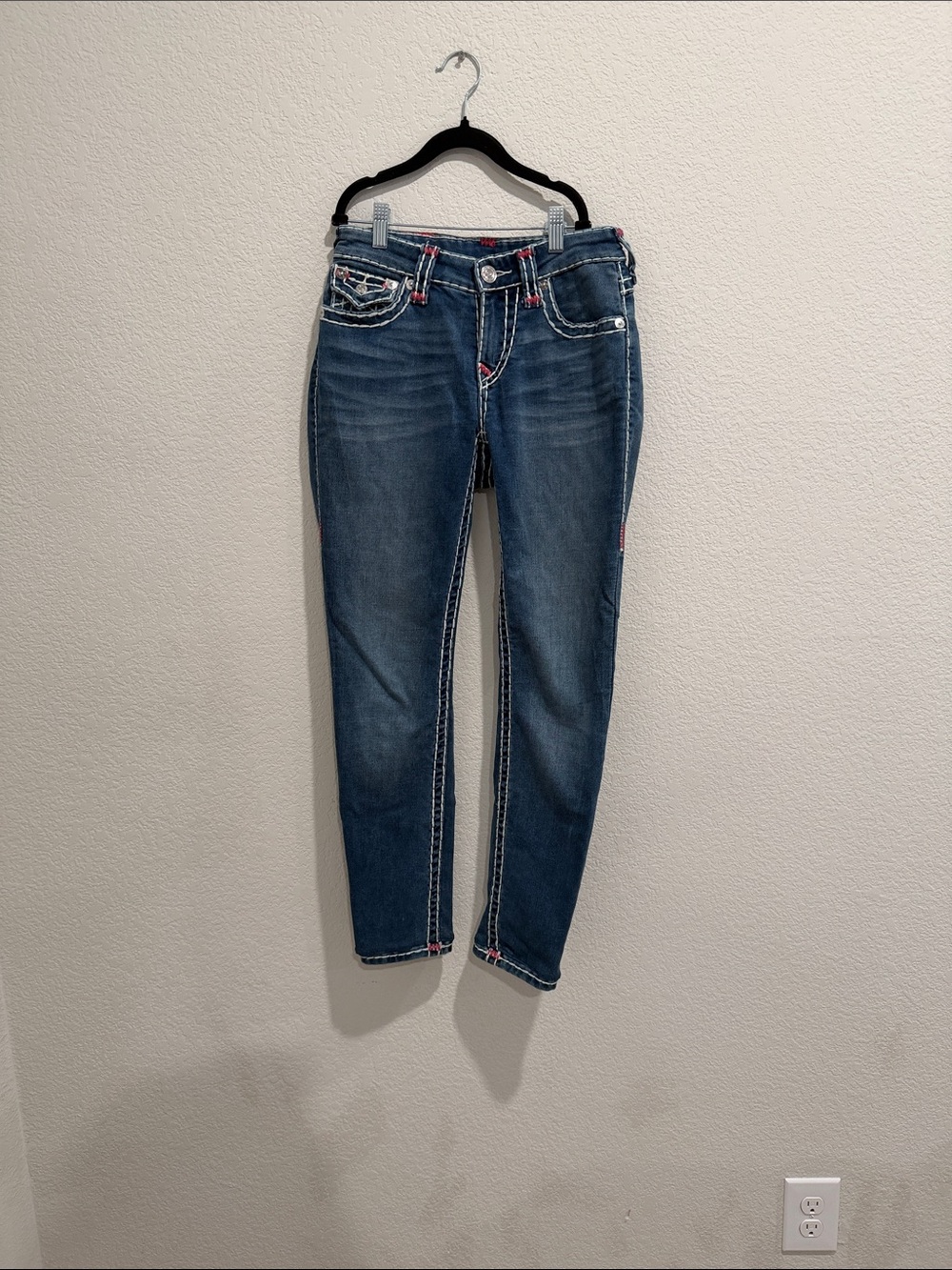 True Religion Women's Dark Blue Skinny Jeans with Contrast Stitching